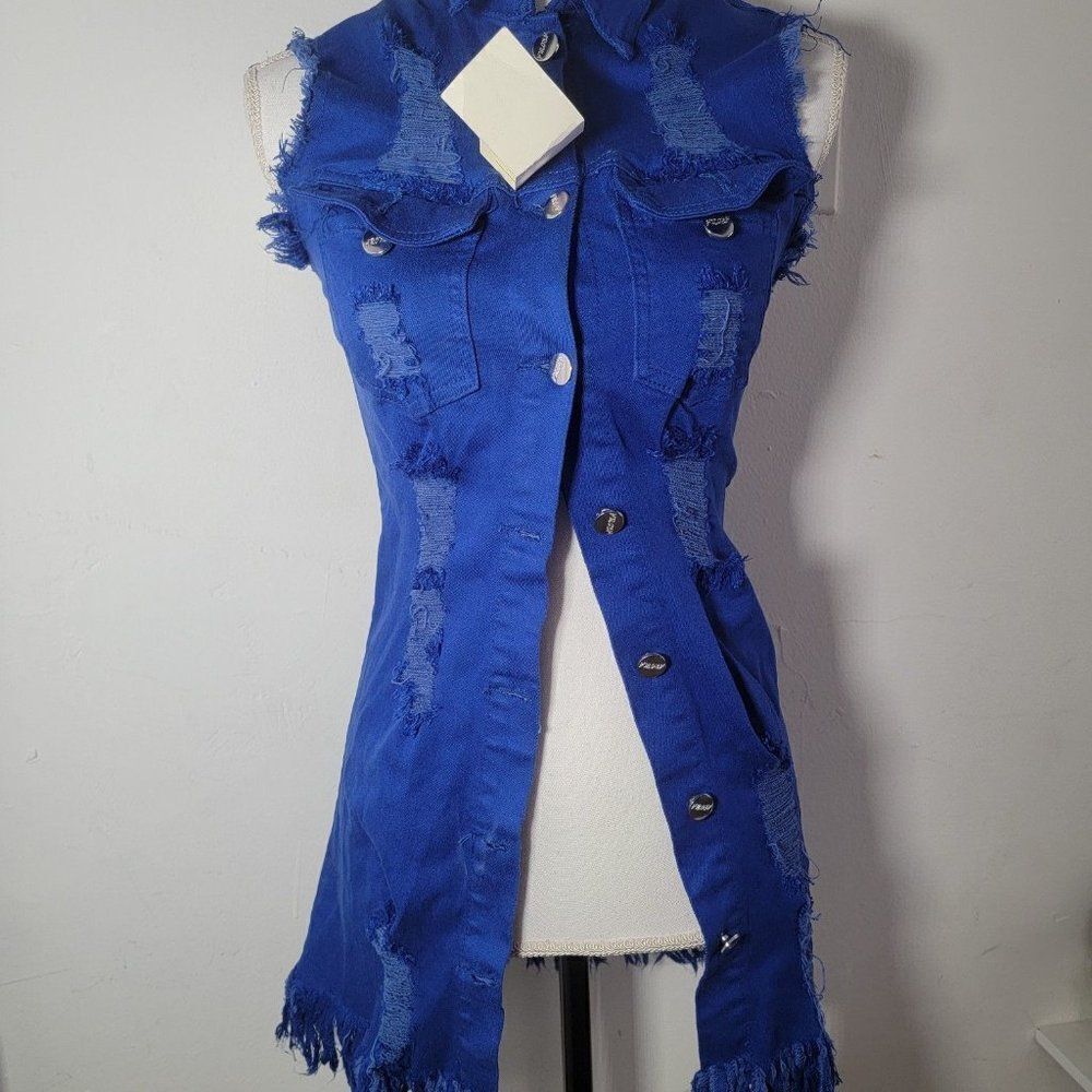 Aroma Womens Dark Blue Distressed Collared Button Front Jean Denim Dress Small